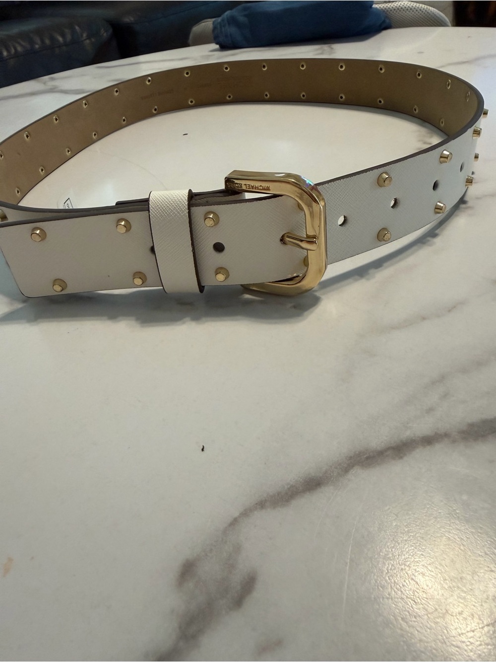Michael Kors White Leather Belt with Gold Studs & Buckle